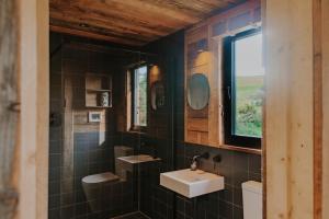 a bathroom with a sink and a mirror at Woolly Wood Cabins - Nant in Abbey-Cwmhir +11 photos