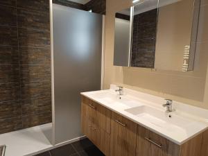 a bathroom with a sink and a shower at Superbe villa T4 classée 3 étoiles avec piscine privative chauffée 8PALCR in Saint Cyprien Plage +19 photos