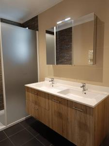 a bathroom with a sink and a mirror at Superbe villa T4 classée 3 étoiles avec piscine privative chauffée 8PALCR in Saint Cyprien Plage
