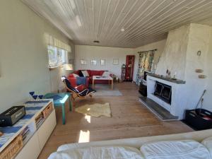 a living room with a couch and a fireplace at Boende på SydKoster med havsutsikt och nära till bryggor in Strömstad