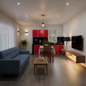 a living room with a blue couch and red cabinets at Lotus Luxury Stays in Nanu Oya