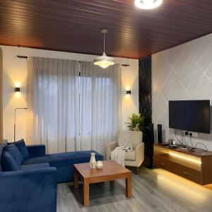 a living room with a blue couch and a tv at Lotus Luxury Stays in Nanu Oya