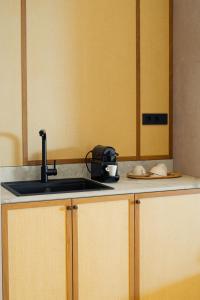 a kitchen with a sink and a counter top at Beau Rivage Suites in Lóngos +41 photos