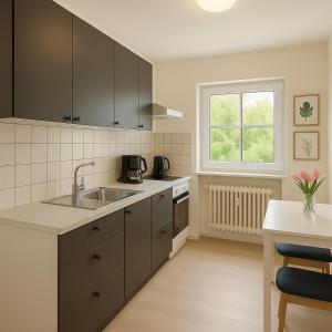 eine Küche mit schwarzen Schränken, einem Waschbecken und einem Fenster in der Unterkunft SUNNYHOME Monteurwohnungen und Apartments in Weiden in Weiden