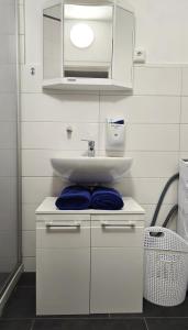 a white bathroom with a sink and a mirror at Fewo Ida II Offenburg in Offenburg +6 photos