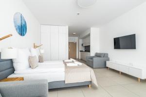 a bedroom with a bed and a couch and a tv at Your Holidays Aquamarina Prima, Parking Gratis in Międzyzdroje