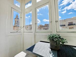 ein Zimmer mit Fenstern und einem Tisch mit einer Topfpflanze in der Unterkunft Olivias in Qormi