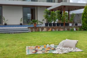 a picnic blanket on the grass with food on it at SaffronStays Raaga - luxury 4BR villa with private pool, lawns, gazebos & sweeping Aravalli hill views in Udaipur