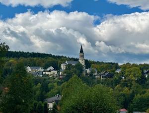 a town with a church on a hill with trees at Ferienhaus Schindler in Johanngeorgenstadt