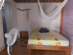 a bedroom with a bed and a fan at Le Figuier in Pointe-Saint-Georges