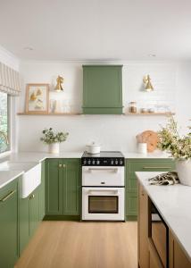 a kitchen with green cabinets and a stove top oven at Oak Ridge Cottage in Maleny