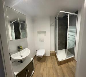 a bathroom with a toilet sink and a shower at Montage- Pendlerwohnung in Kandern