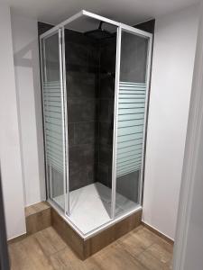 a walk in shower with glass doors in a room at Montage- Pendlerwohnung in Kandern