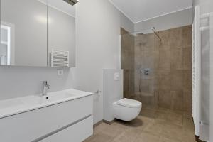 a white bathroom with a toilet and a shower at Modern Apt RVK City Center in Reykjavík +8 photos