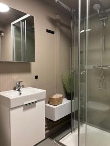 a bathroom with a sink and a glass shower at Tors vei in Alta