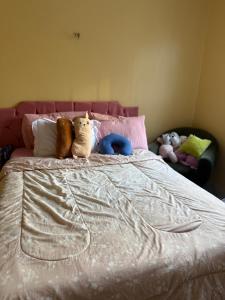 a bed with two stuffed animals sitting on it at Casa Confort Belém in Belém +4 photos