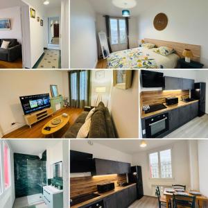 eine Collage mit Fotos von einem Schlafzimmer und einem Wohnzimmer in der Unterkunft Le Perret -Centre -Authentique -UNESCO in Le Havre