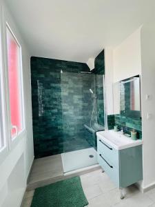 ein Badezimmer mit Dusche, Waschbecken und Spiegel in der Unterkunft Le Perret -Centre -Authentique -UNESCO in Le Havre