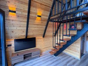 een woonkamer met een flatscreen-tv in een houten muur bij Paradise bungalov in Kocaeli