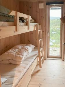 a bunk bed in a room with a window at Architect-Designed Cabin With Views Of Sigdal in Skadeland