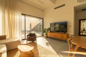 a living room with a flat screen tv and a couch at Villa Lulu Lefkada in Kalamitsi