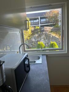 a kitchen with a window and a sink and a counter at Cozy place in Lutvann with Balcony in Oslo