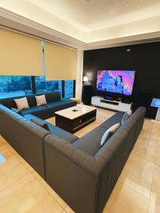a living room with a couch and a flat screen tv at 恆春夏居心澍包棟民宿 10至20人入住 烤肉電動麻將水池Ktv in Hengchun +18 photos