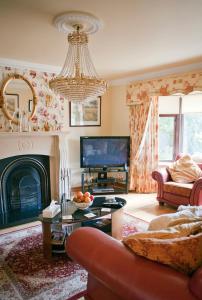 uma sala de estar com lareira e lustre em Anchor Lodge Guesthouse em Galway