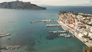 an aerial view of a harbor with boats in the water at Perdika Residences in Perdika