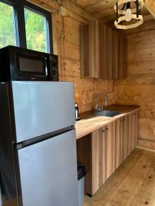 a kitchen with a white refrigerator and a microwave at GR Qobu merisi in Inasharidzeebi +32 photos