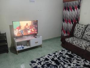 a living room with a flat screen tv and a couch at Lavish luxury loft in Meru