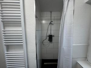 a bathroom with a shower with a shower curtain at bookandstay24 Reinheim-Spachbrücken bei Darmstadt, Frankfurt, Rhein-Main-Gebiet in Reinheim