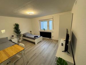 a living room with a bed and a television at bookandstay24 Reinheim-Spachbrücken bei Darmstadt, Frankfurt, Rhein-Main-Gebiet in Reinheim