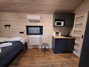 a small room with a bed and a sink and a kitchen at SmartVille Kyiv in Kyiv