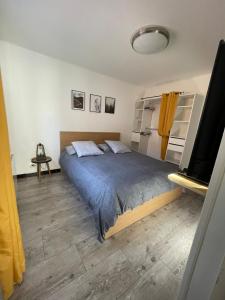 a bedroom with a bed and a flat screen tv at L'Idylle avec accès toit terrasse in Veynes