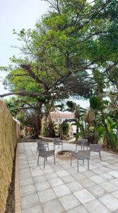 a group of benches sitting on a patio under a tree at Wazos Beach Villa in Durban