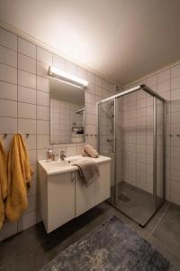 a bathroom with a sink and a shower at Large Ski in-Ski out Apartment for Groups in Hemsedal