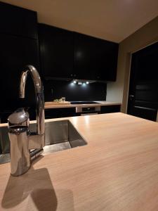 a kitchen with a sink and a faucet at Aurora View Apartment - Free Parking & Walkable City Location in Tromsø +18 photos