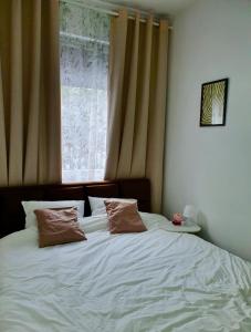 a bed with two pillows in front of a window at Zmaj 16 in Divčibare