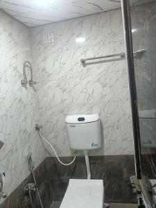 a bathroom with a toilet and a shower at Hotel Bhagirath in Mumbai +6 photos