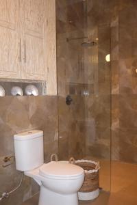 a bathroom with a toilet and a glass shower at the gosana in Amed