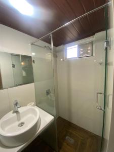 ein Badezimmer mit Waschbecken und Glasdusche in der Unterkunft Peak View Cottage in Nuwara Eliya