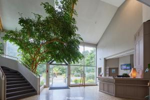 a large room with a staircase and a tree at Hôtel du Golf Saint-Laurent in Ploemel