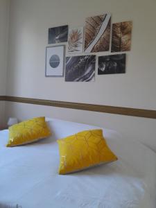 安纳马斯Coliving moderne à Annemasse的一张带两个黄色枕头的床和墙上的照片 更多24张照片