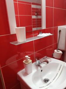 a bathroom with a sink and a red wall at Belle View Apartment Sinaia in Sinaia