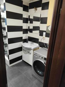 un bagno con lavatrice e lavandino di Mieszkanie Pracownicze Siemianowice Śląskie 15 min od Spodka a Siemianowice Śląskie