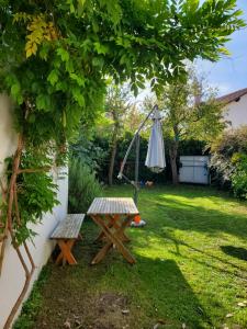 a picnic table and an umbrella in a yard at Appartement cozy dans maison portes de Strasbourg in Lingolsheim