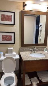 a bathroom with a toilet and a sink and a mirror at Comfort Inn Wethersfield - Hartford in Wethersfield