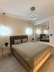 a bedroom with a large bed and a large mirror at Elite Glow Studio in Roşu