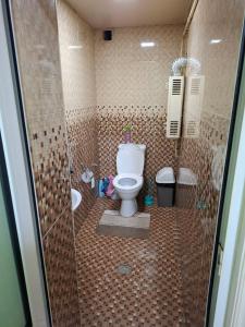 Un baño con inodoro, lavabo y ducha. en Lucky Hostel oilaviy korxona, en Yakkasaray